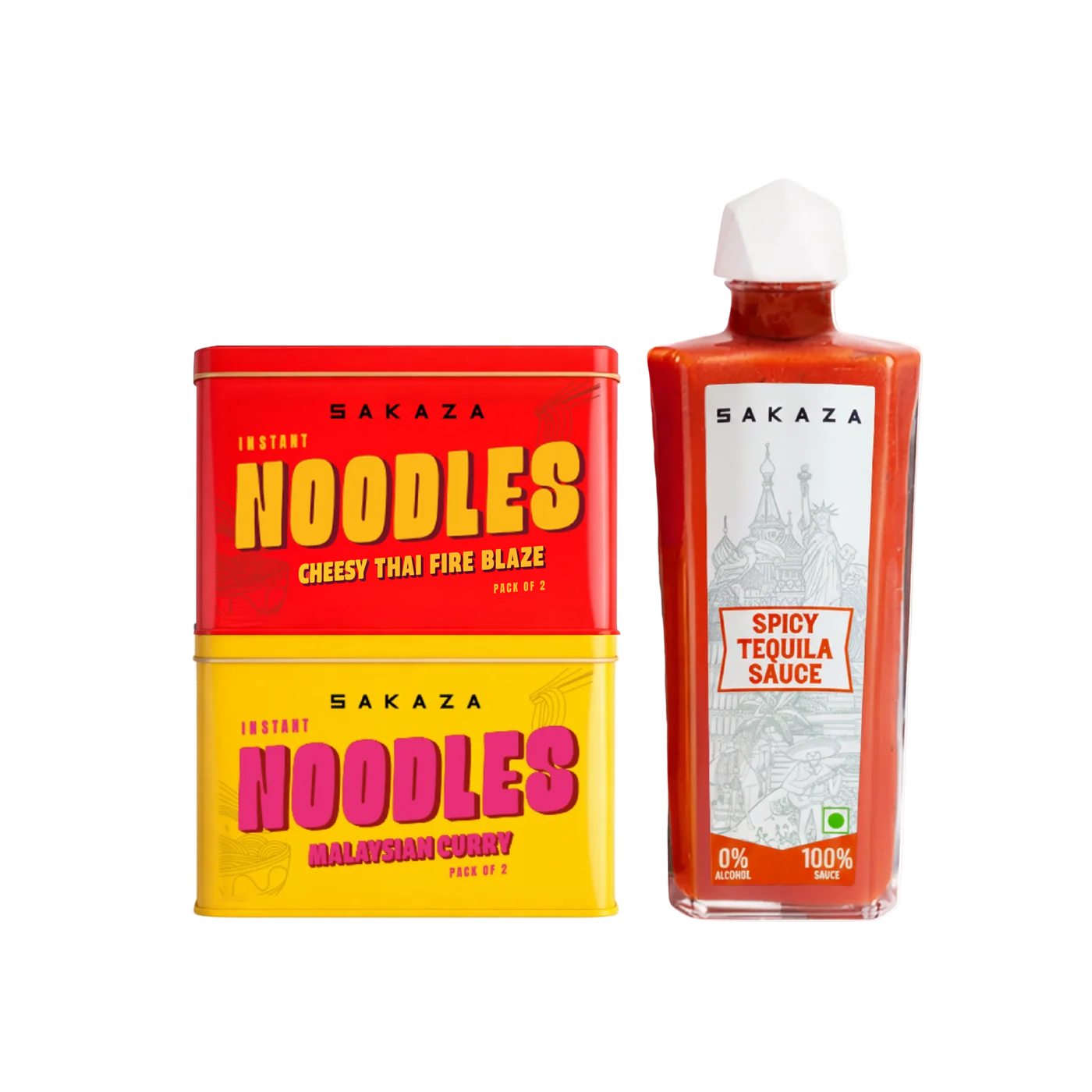 Sakaza 2 Noodles Cheesy Thai Fire Blaze, Malaysian Curry & 1 Spicy Tequila Sauce
