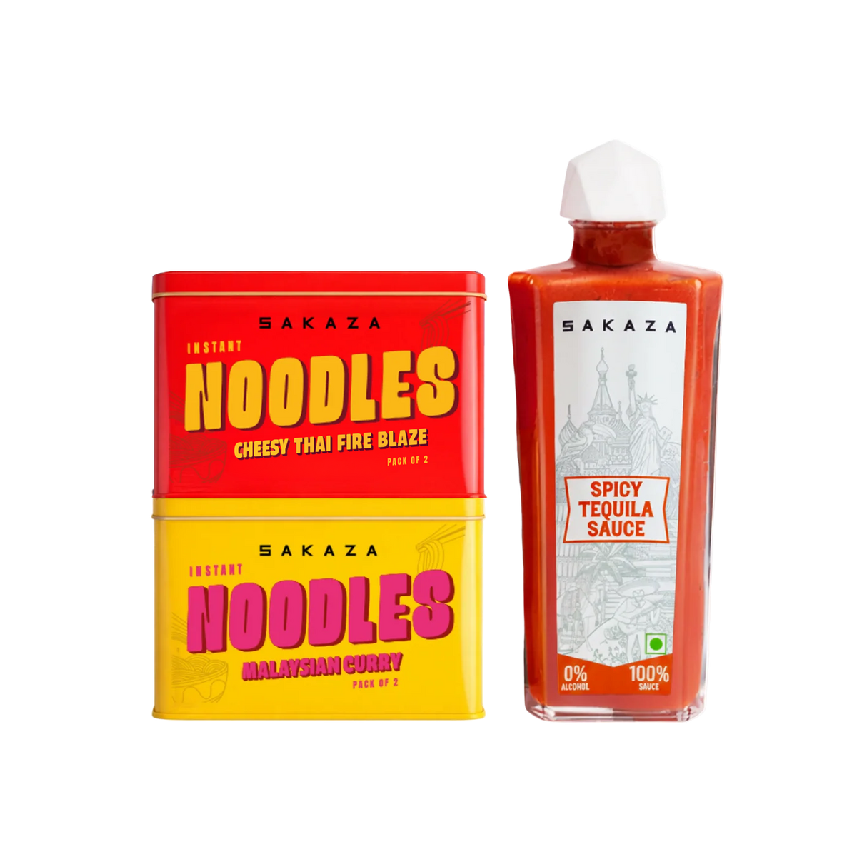 Sakaza 2 Noodles Cheesy Thai Fire Blaze, Malaysian Curry & 1 Spicy Tequila Sauce