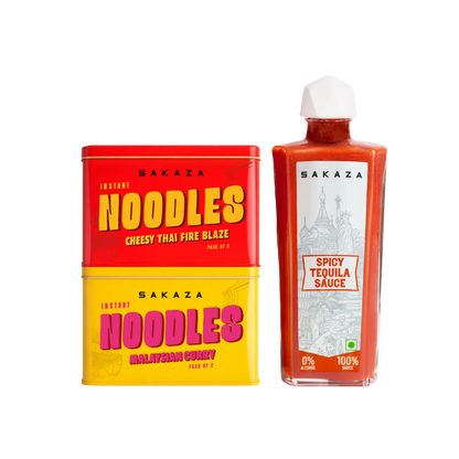 Sakaza 2 Noodles Cheesy Thai Fire Blaze, Malaysian Curry & 1 Spicy Tequila Sauce