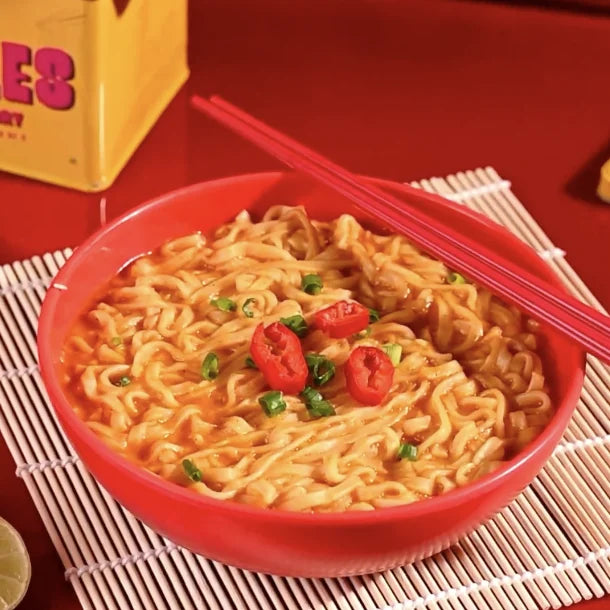 Finished bowl of Malaysian curry noodles