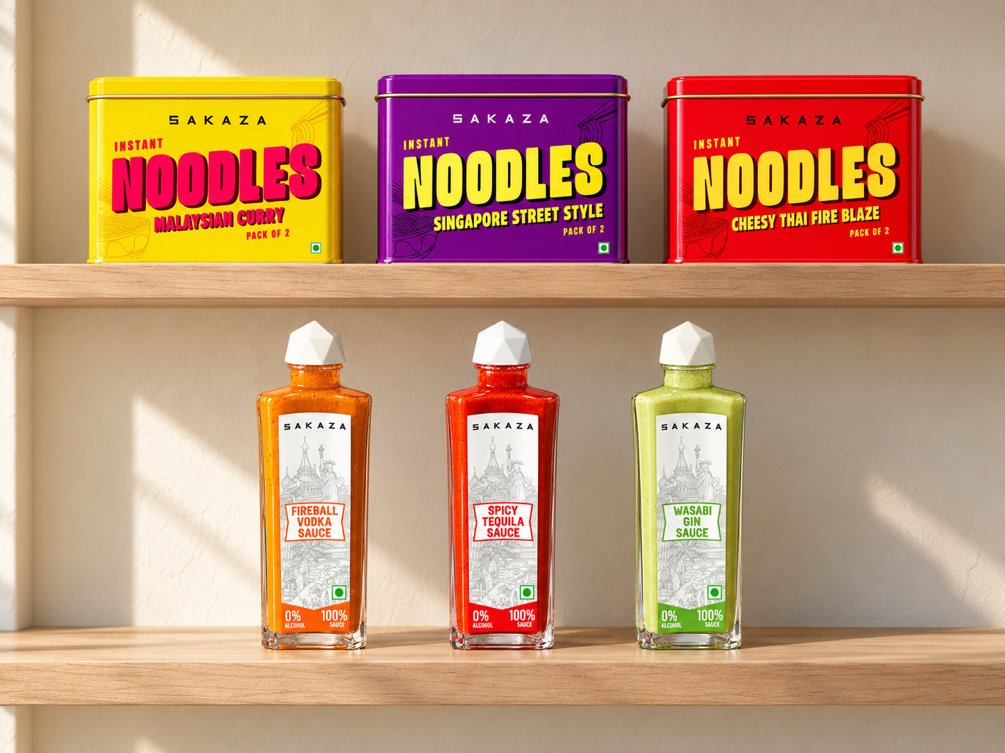 Sakaza noodles and sauces neatly arranged on clean wooden kitchen shelves
