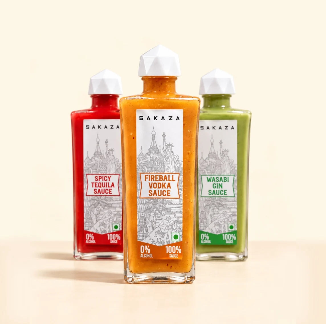 Spicy Tequila, Fireball Vodka and Wasabi Gin sauces